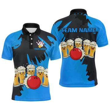 Maxcorners Funny Beer Bowling Shirts Blue for Women Men Team Bowling Polo & 1/4 Zip Shirts