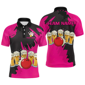 Maxcorners Funny Beer Bowling Shirts Pink for Women Men Team Bowling Polo & 1/4 Zip Shirts