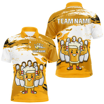 Maxcorners Yellow Funny Beer Bowling Shirts for Women Men Team Bowling Polo&1/4 Zip Bowl League