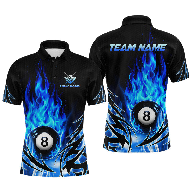 Maxcorners Blue Flame Mens Billiard 8 Ball Polo & Quarter Zip Shirts Custom Billiard Shirts For Team