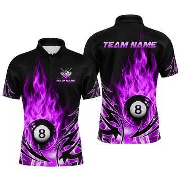 Maxcorners Purple Flame Mens Billiard 8 Ball Polo & Quarter Zip Shirts Custom Billiard Shirts For Team