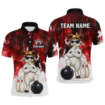 Maxcorners Red Funny Goat Bowling Team Shirts for Men Custom Bowling Gifts for Bowler Polo & 1/4 Zip LM0609