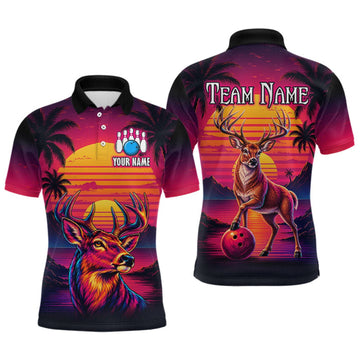 Maxcorners Custom Deer Neon Sunset Bowling Team Shirts for Men Bowling Outfit Polo & 1/4 Zip LM0609