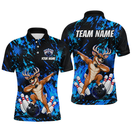 Maxcorners Custom Blue Funny Deer Bowling Team Jerseys Bowling Shirts for Men Polo & 1/4 Zipper
