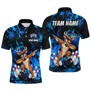 Maxcorners Custom Blue Funny Deer Bowling Team Jerseys Bowling Shirts for Men Polo & 1/4 Zipper