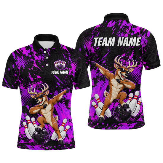 Maxcorners Custom Purple Funny Deer Bowling Team Jerseys Bowling Shirts for Men Polo & 1/4 Zipper