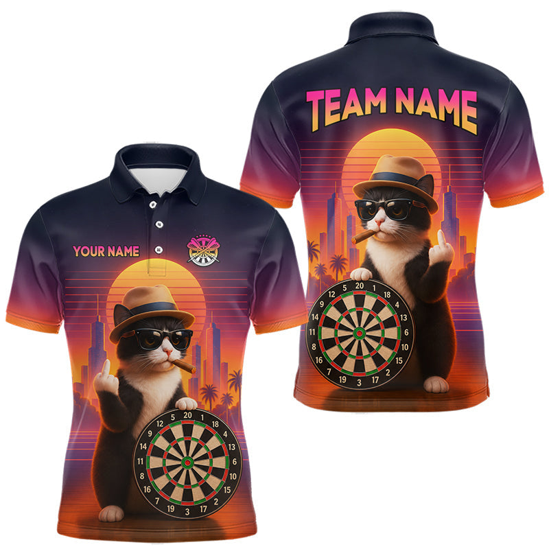 Maxcorners Custom Funny Cat Retro Sunset Darts Team Jerseys Dart League Shirts Darts Shirt for Men