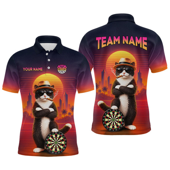 Maxcorners Custom Retro Funny Cat Sunset Darts Shirt for Men Darts Team Jerseys Dart League Shirts
