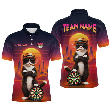 Maxcorners Custom Retro Funny Cat Sunset Darts Shirt for Men Darts Team Jerseys Dart League Shirts