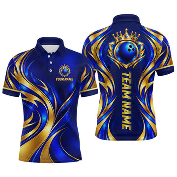 Maxcorners Custom Blue And Gold Crown Bowling Shirts For Men, Bowling Team Jersey Bowling Tournament