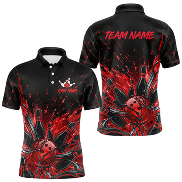 Maxcorners Personalized Red Bowling Jerseys For Men, Custom Bowling Team Shirts Bowling Pin And Ball LM1508