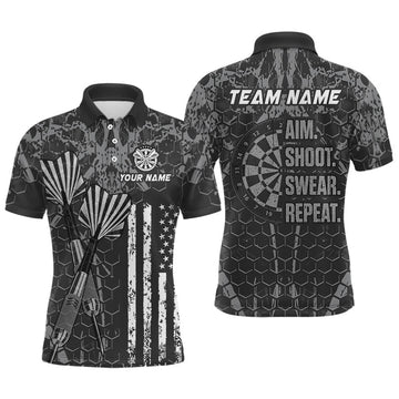 Maxcorners Custom American Flag Aim Shoot Swear Repeat Dart Team Shirts for Men Dart League Shirt