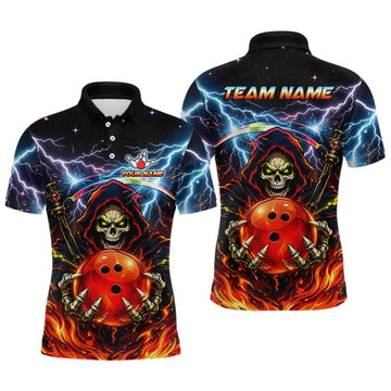 Maxcorners Custom Thunder Flame Grim Reaper Bowling Jersey for Men Bowling Team Shirts Polo & 1/4 Zip LM1508