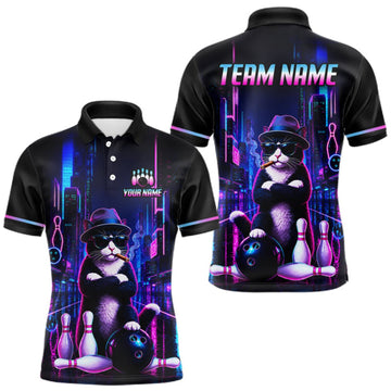 Maxcorners Neon Funny Cat Bowling Jersey for Men Custom Cat Bowling Team Shirts Polo & 1/4 Zip LM1508
