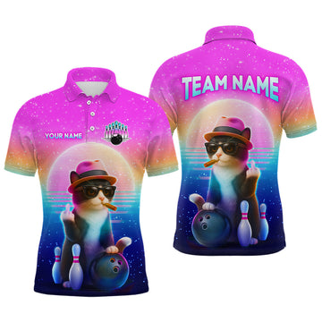 Maxcorners Custom Funny Cat Bowling Shirt for Men Retro Wave Bowling Team Jersey Polo & 1/4 Zip LM2201