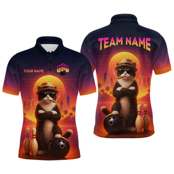 Maxcorners Custom Funny Cat Retro Bowling Jersey for Men Bowling Polo & 1/4 Zip Bowling Team Shirts