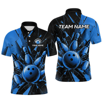 Maxcorners Custom Blue Shattered Glass Bowling Jersey for Men, Bowling Team Shirt, Bowling League LM2607