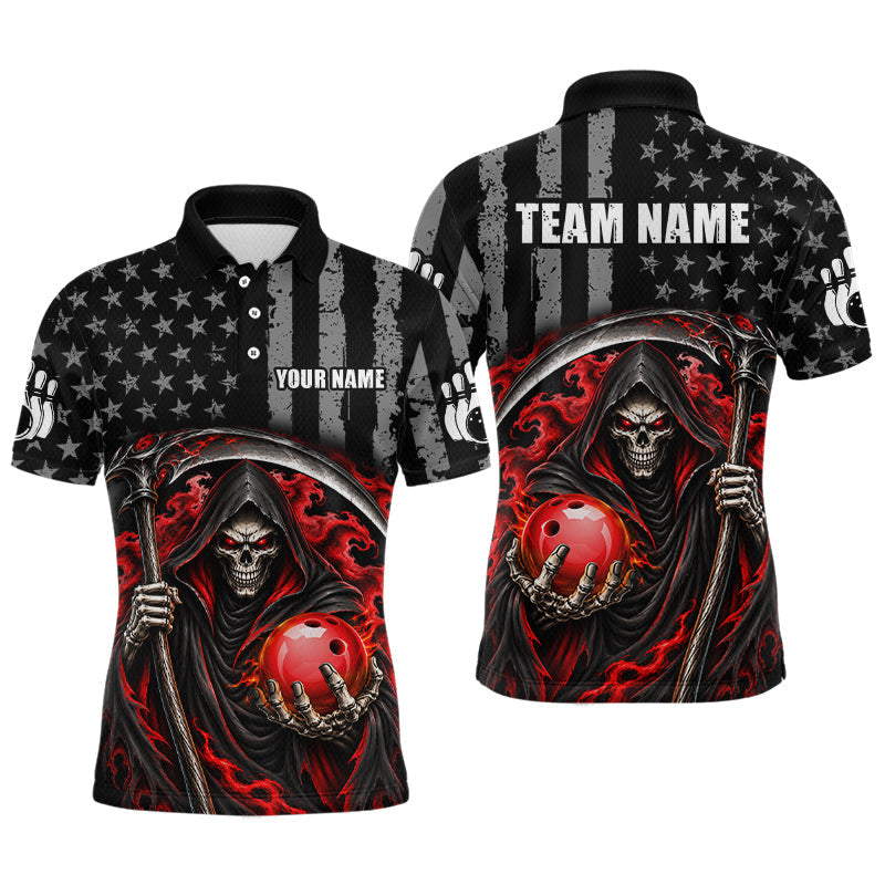 Maxcorners Custom US Flag Grim Reaper Bowling Jerseys for Men Bowling Team Jerseys Bowling for Bowlers