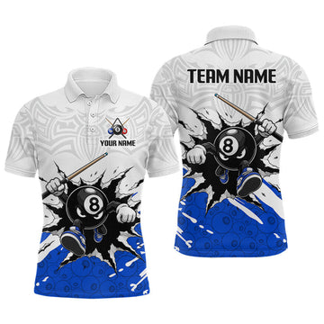 Maxcorners Custom Blue Cracked Funny 8 Ball Pool Shirts Men Billiard Polo & 1/4 Zip Shirts Billiard Team Jerseys LM2306