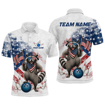 Maxcorners Custom White US Flag Raccoon Bowling Shirt for Men Bowling Team Shirts Bowling League
