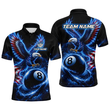 Maxcorners Custom Blue Lightning Eagle US Flag 8 Ball Billiard Shirts for Men Billiard Team Jerseys LM0409