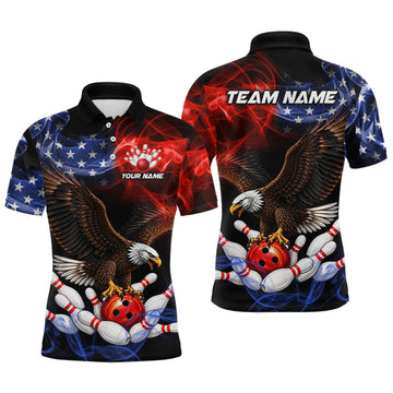 Maxcorners Smoke American Flag Eagle Flame Bowling Shirts for Men Custom Patriotic Bowling Team Jerseys
