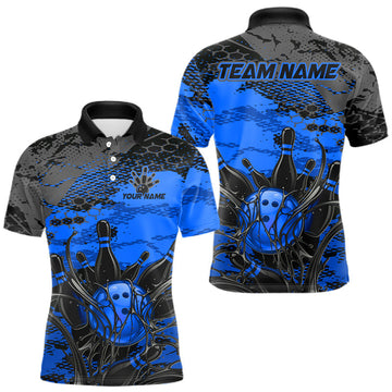 Maxcorners Custom Blue Splash Bowling Jersey for Men Bowling Team Shirts Bowling League Polo &1/4 Zip LM2306