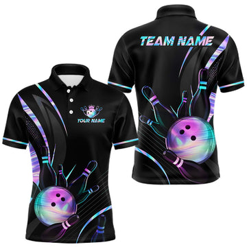 Maxcorners Custom Black and Holographic Bowling Jersey for Men Bowling Team Shirts Bowling League LM2306