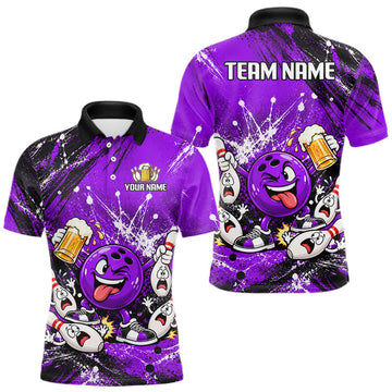 Maxcorners Purple Beer Bowling Ball and Pins Shirt, Custom Bowling Shirts for Men Bowling Team Jersey