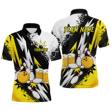 Maxcorners Custom Yellow Beer Bowling Jersey for Men Bowling Team Shirts Bowling League Polo & 1/4 Zip LM1508