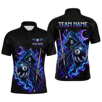 Maxcorners Custom Neon Flaming Grim Reaper 8 Ball Billiard Team Shirts for Men Billiard League Jerseys LM0410