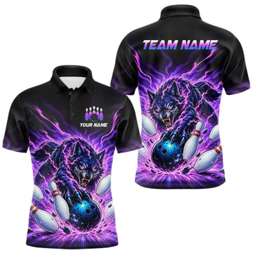 Maxcorners Custom Purple Flame Wolf Bowling Team Shirts Bowling Jersey for Men Bowling League Shirts LM2709