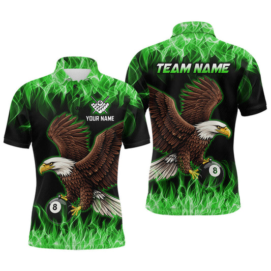 Maxcorners Custom Green Flame Eagle 8 Ball Billiard Shirts for Men Billiard League Billiard Team Shirts