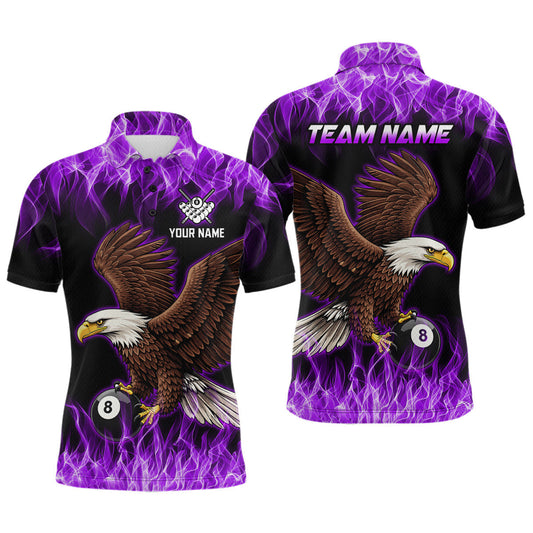 Maxcorners Custom Purple Flame Eagle 8 Ball Billiard Shirts for Men Billiard League Billiard Team Shirts