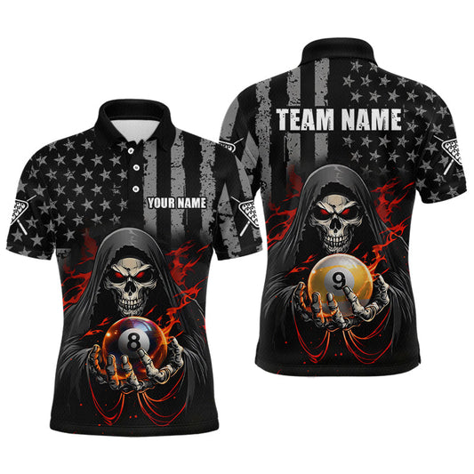 Maxcorners Custom American Flag Skull 8 Ball & 9 Ball Billiard Shirt for Men Billiard Team Jersey Billiard League LM0106