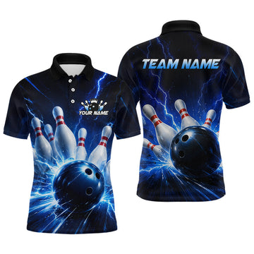 Maxcorners Custom Blue Thunder Bowling Jersey for Men Bowling Team Shirts Bowling League Polo & 1/4 Zip LM0706