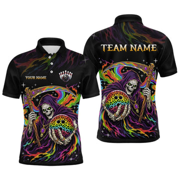 Maxcorners Custom Grim Reaper Rainbow Skull Bowling Team Shirts Bowling Jerseys for Men Polo & 1/4 Zip LM0409