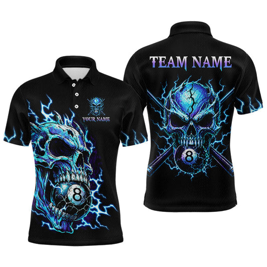 Maxcorners Custom Blue Flame Skull 8 Ball Cracked Billiard Shirt For Men