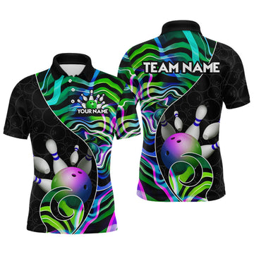 Maxcorners Custom Green Neon Wave Bowling Team Shirts, Strike Bowling Shirts For Men Bowling Jersey