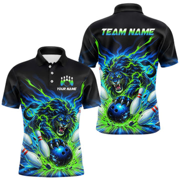 Maxcorners Custom Green Flame Lion Bowling Team Shirts for Men Bowling League Shirts Polo & 1/4 Zip LM0410