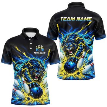 Maxcorners Custom Yellow Flame Lion Bowling Team Shirts for Men Bowling League Shirts Polo & 1/4 Zip LM0410