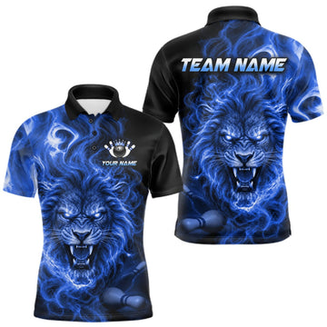 Maxcorners Custom Blue Smoke Lion Bowling Team Shirts for Men Bowling League Shirts Polo & 1/4 Zip LM0410