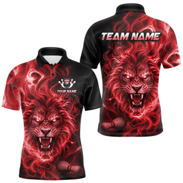 Maxcorners Custom Red Smoke Lion Bowling Team Shirts for Men Bowling League Shirts Polo & 1/4 Zip LM0410