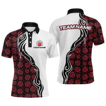 Maxcorners Custom Red Rose Flowers Bowling Jersey for Men Polo & 1/4 Zip Bowling Team Shirts LM1202