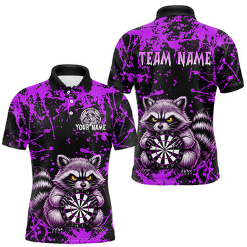 Maxcorners Custom Purple Raccoon Funny Dart Shirt Dart Team Jersey for Men Dartboard Polo & 1/4 Zip Shirts LM1005