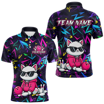 Maxcorners Custom Funny Pink Cat Bowling Jersey for Men Bowling Team Shirts Bowling League Polo & 1/4 Zip LM0706