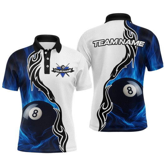 Maxcorners Custom Blue Flame 8 Ball Billiard Shirts for Men Billiard Team Shirts Billiard League Polo & 1/4 Zipper LM0412