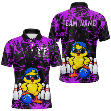 Maxcorners Custom Purple Funny Chick Bowling Team Shirts for Men Chicken Bowling League Polo & 1/4 Zip