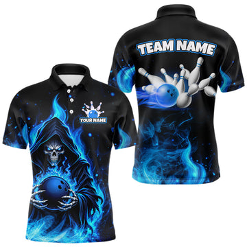 Maxcorners Black And Blue Flame Grim Reaper Custom Skull Bowling Shirts for Men Bowling Team Jerseys