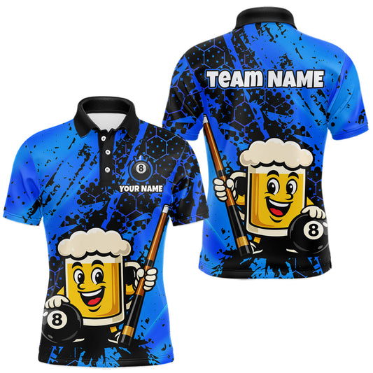 Maxcorners Custom Funny Blue Beer 8 Ball Pool Billiard Shirt for Men Polo & 1/4 Zip, Billiard Team Jerseys LM2602